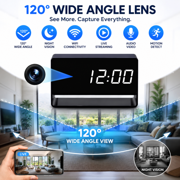 Spy Wifi Table Clock Camera Wide Angle Lens with Night Vision